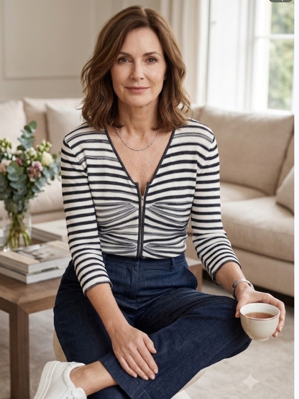 Armani Collezioni Navy and White Striped Zip-Front Top